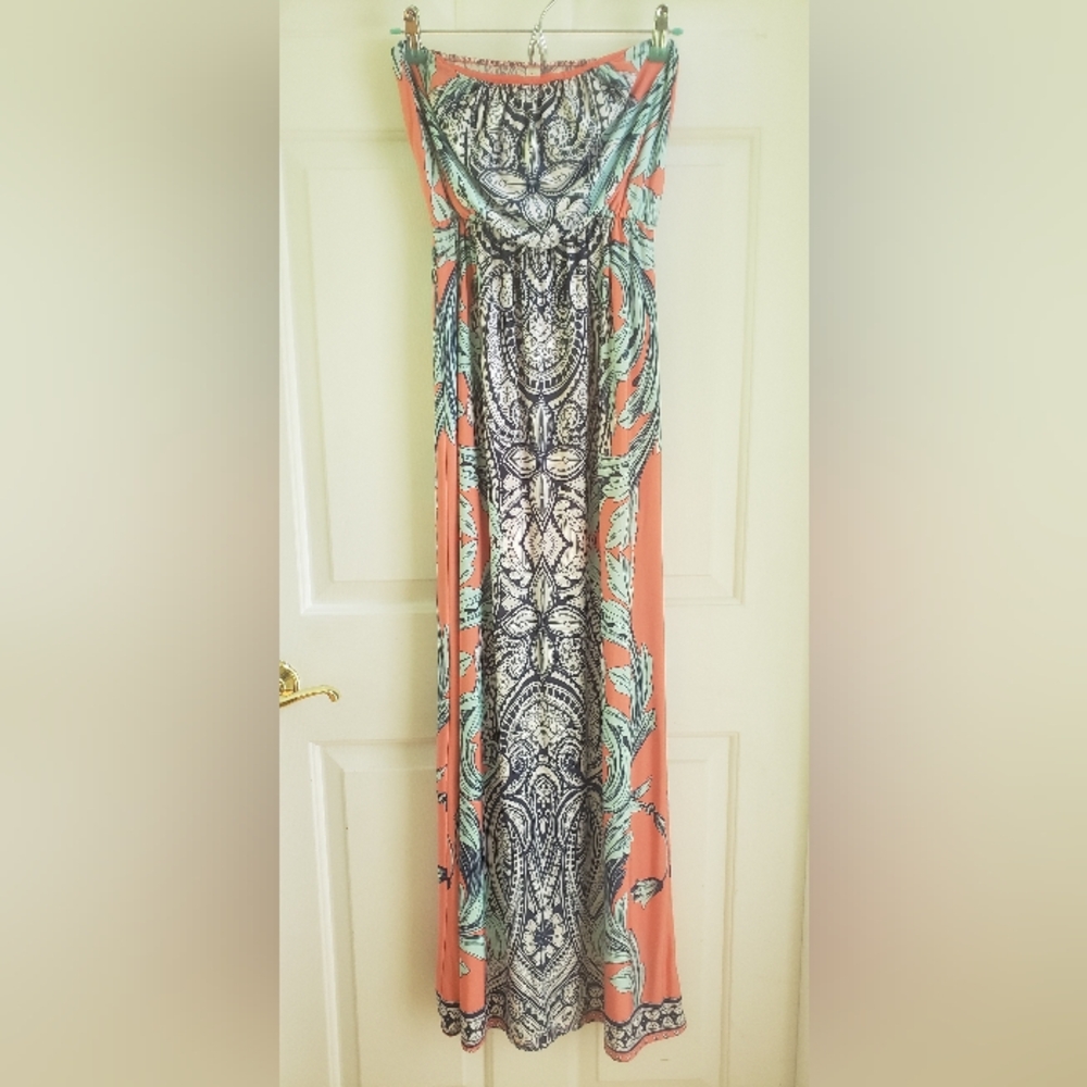 Pink Owl Soft & Stretchy Maxi Dress Coral, Mint Navy Patterned Small